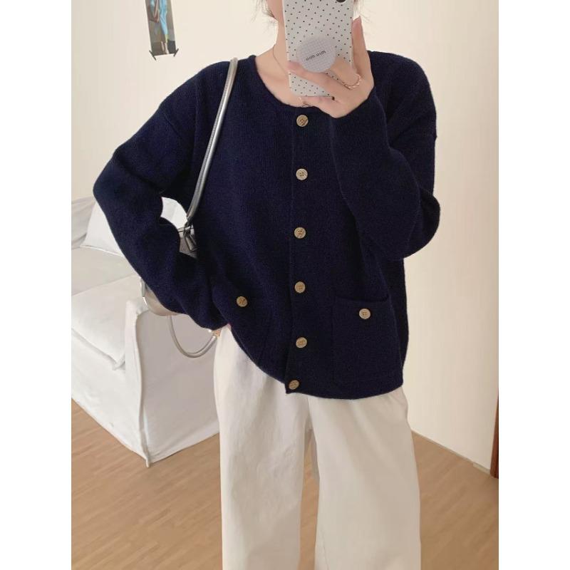 

Новый однобортный трикотажный джемпер с круглым вырезом и длинными рукавами, куртка, осень и зима, новый простой кардиган, топ One size тёмно-синий