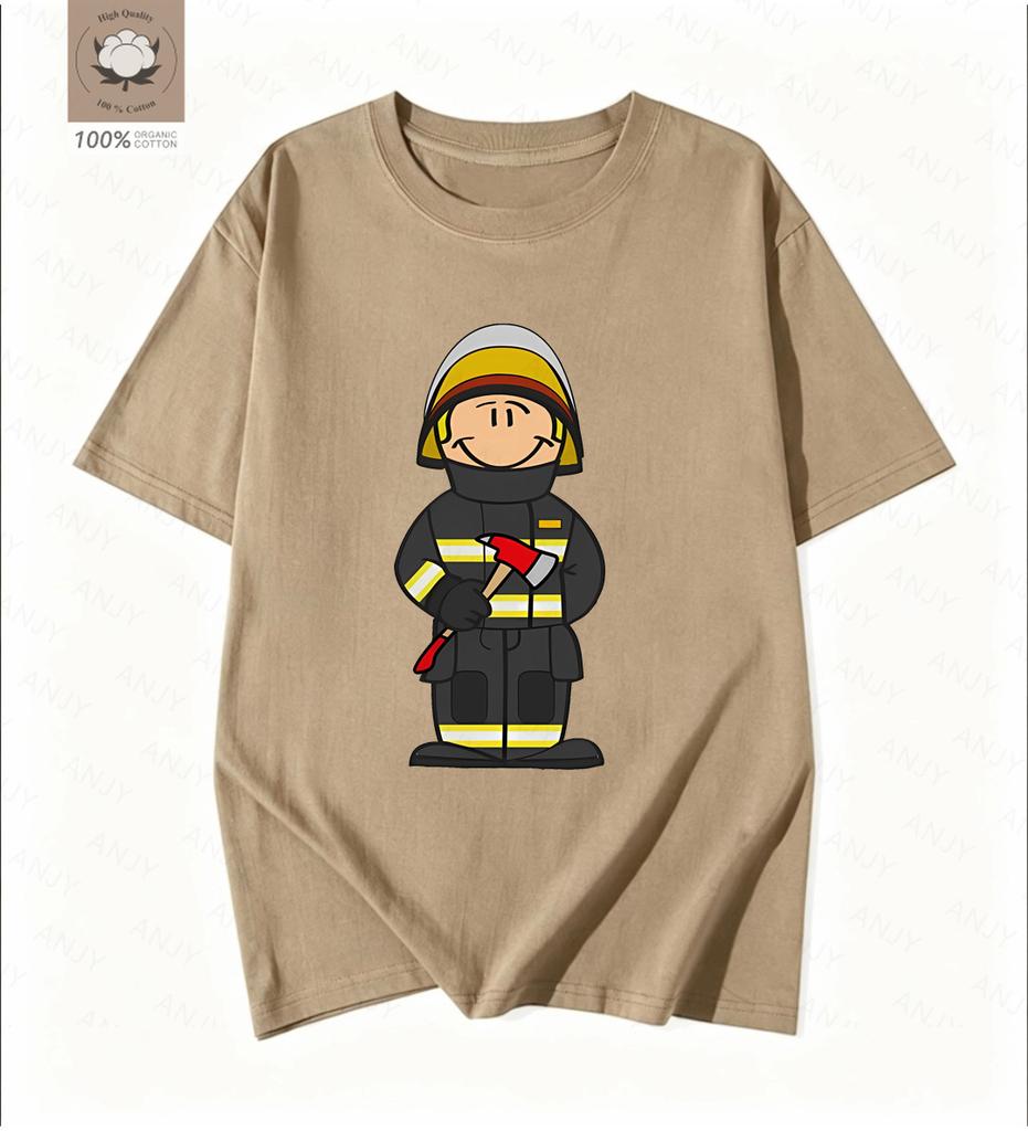 Simple Cartoon Firefighter Printed Tshirt Pays Tribute To The Daily Commuting Short Sleeved Reverse Traveler
