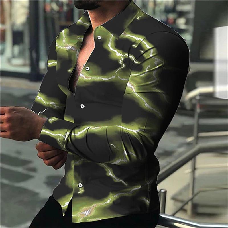 Men's Long-sleeved Shirt with Trendy Purple Lightning Flash Print Design, Stylish and Casual Open-front Top, Sizes