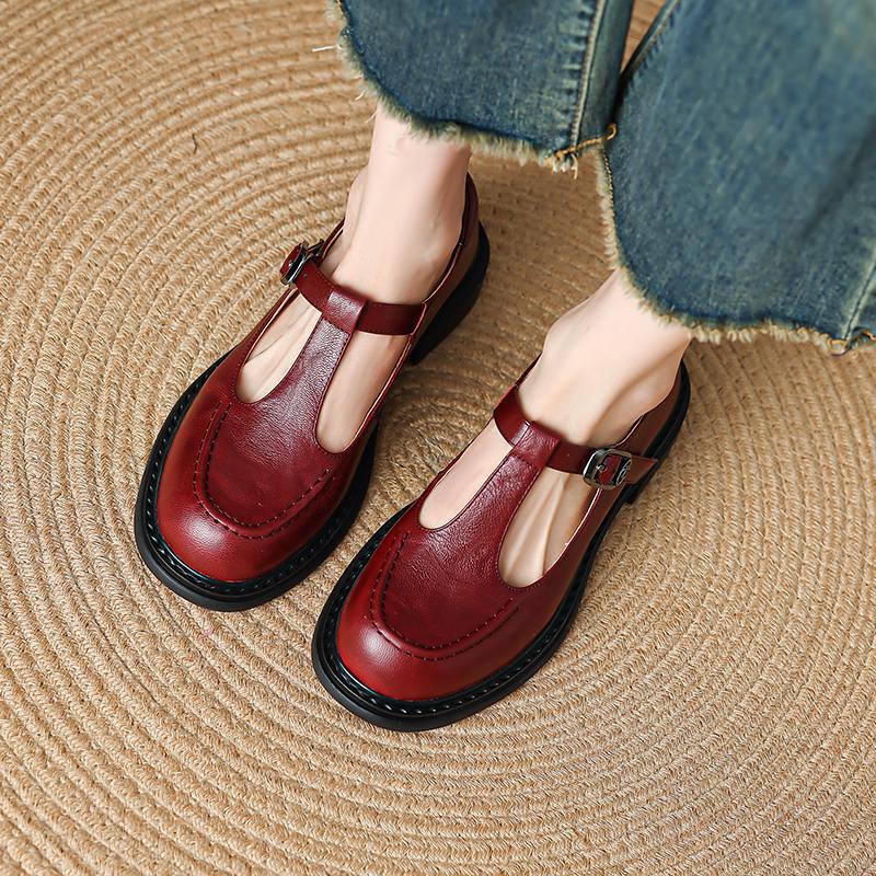 Krazing Pot Sheepskin Round Toe Size 42 Thick Med Heels Slip on Platform Gladiator Metal Buckle Autumn Pumps