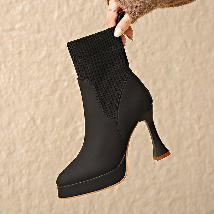 High-heeled Short Boots Spring and Autumn Pointed Toe Elastic Stocking Ankle Boots for Women Splicing Slip On Botas Femininas