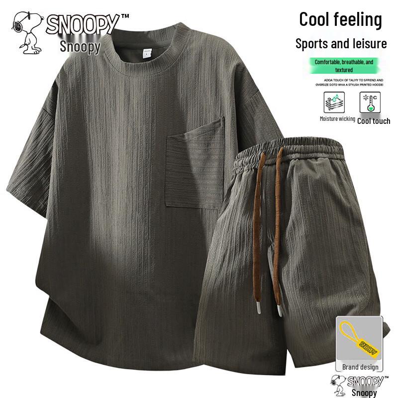 Snoopy Men s Summer Cool-Touch Short Sleeve Shorts Set XL коричневый