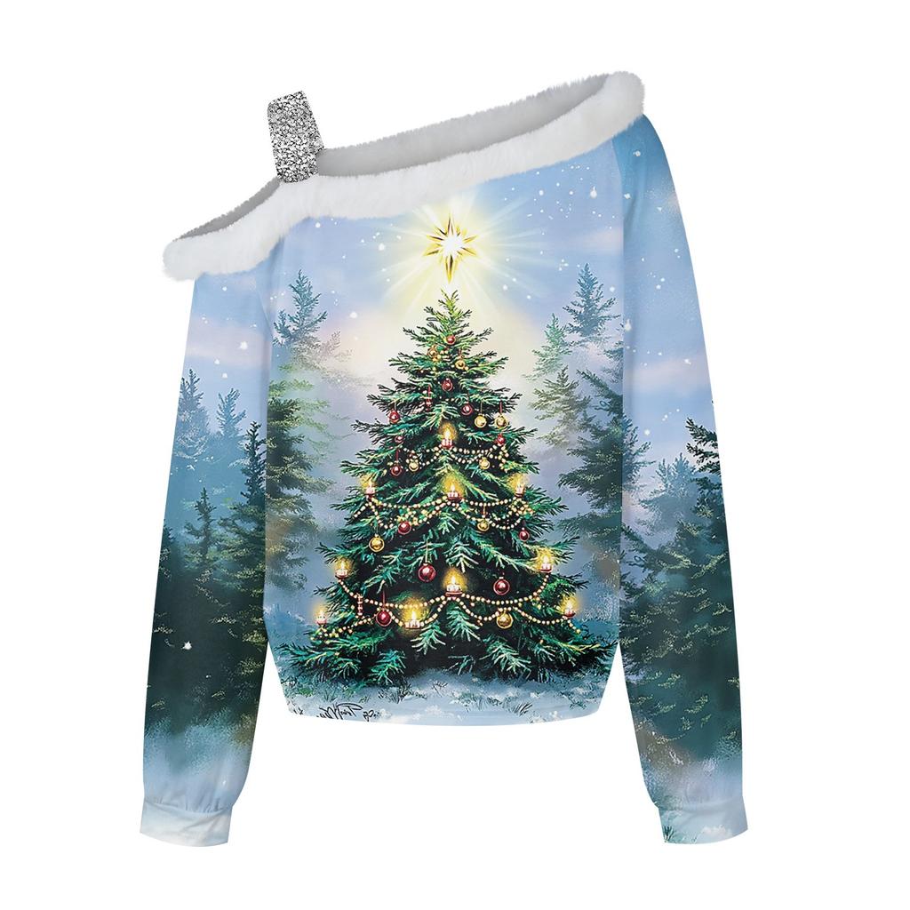 Women's Long Sleeve Tops Fashionable Women's Loose Christmas Print Off-Shoulder Pullover Tops