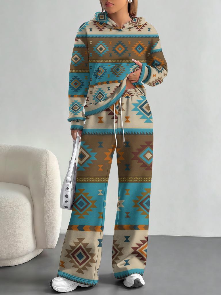 European And American Autumn And Winter Casual Long-Sleeved Suit Women'S Bohemian Hooded Sweater Trousers Two-Piece Set