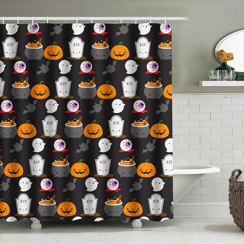 

1Pccute Halloween Shower Curtain Spooky Ghosts & Pumpkins Black Bathroom Decor For Kids & Adults W60H190(CM)-1 Pcs