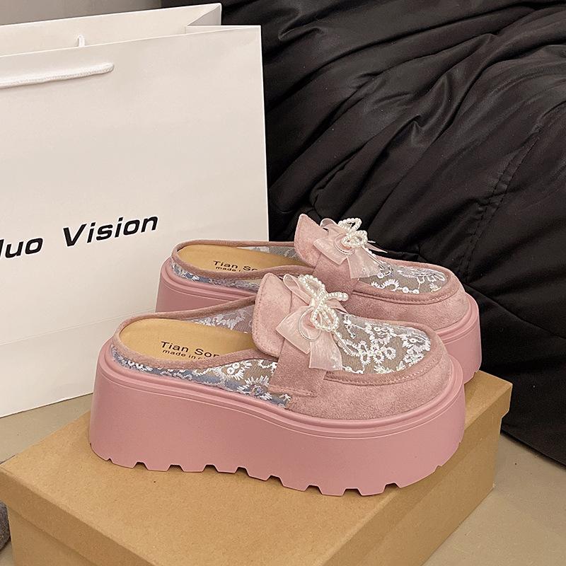 Temperament celebrity half slippers mesh yarn breathable bag head drag summer new wear Mary Jane shoes platform heightening sandals