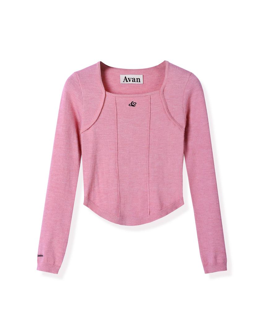 AVANDRESS Square Neck Line Crop Long Sleeve Knit Pink