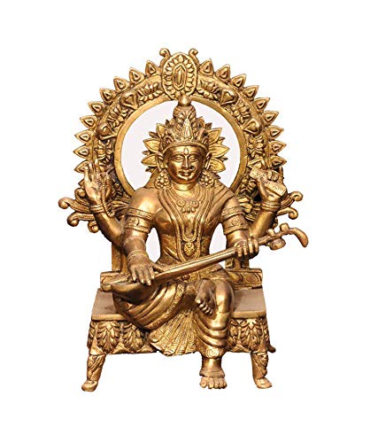 

Ashtadhatu Made Maa Saraswati Idol Sitting On Hans, Golden, Brass - 12 Cm