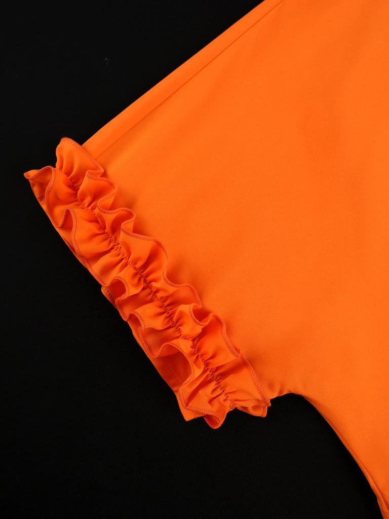 Plus Size Women's Orange Pleated Lapel Dress - Loose, Slimming, Long, Casual Skirt