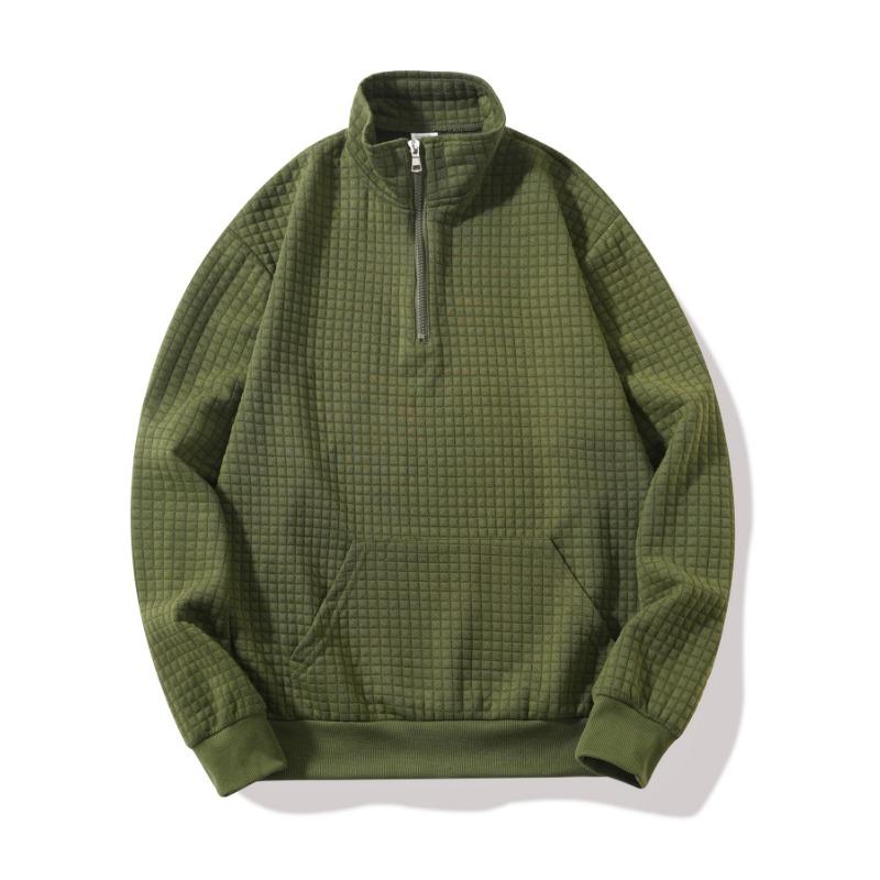 Casual Solid Waffle Half Zip Pocket Long Sleeve Stand Collar Sweatshirt