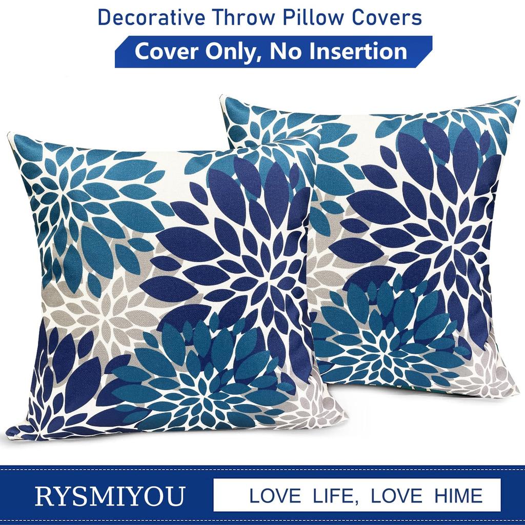 Set Of 2 Pillow Covers 18X18Inch Linen Square Throw Pillow Case,Farmhouse Modern Floral Flower Pillow Covers For Couch Sofa
