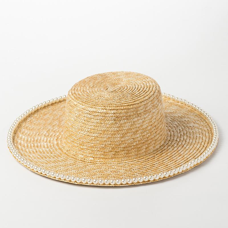 New fashion pearl chain brim straw flat top straw hat spring and summer outdoor travel sun protection shade beach straw hat