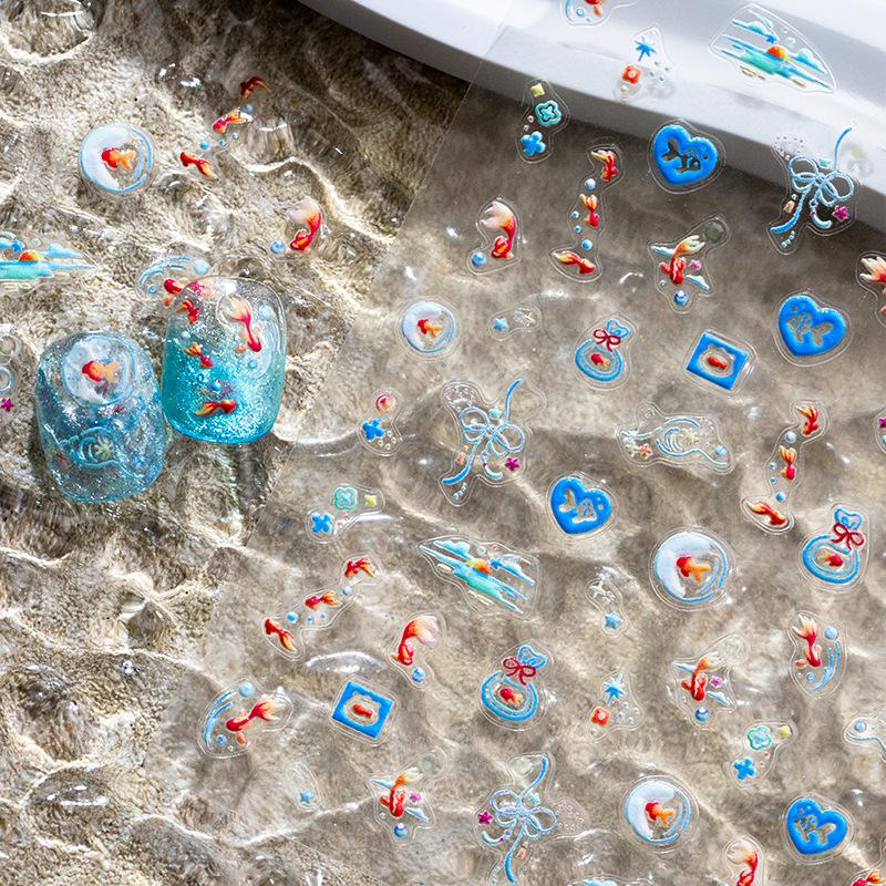 Shiny Goldfish Plastic Bag Seahorses Summer Jellyfish Starfish Shell Conch Koi Water Bubble Star Carp Nail Art Stickers Decals