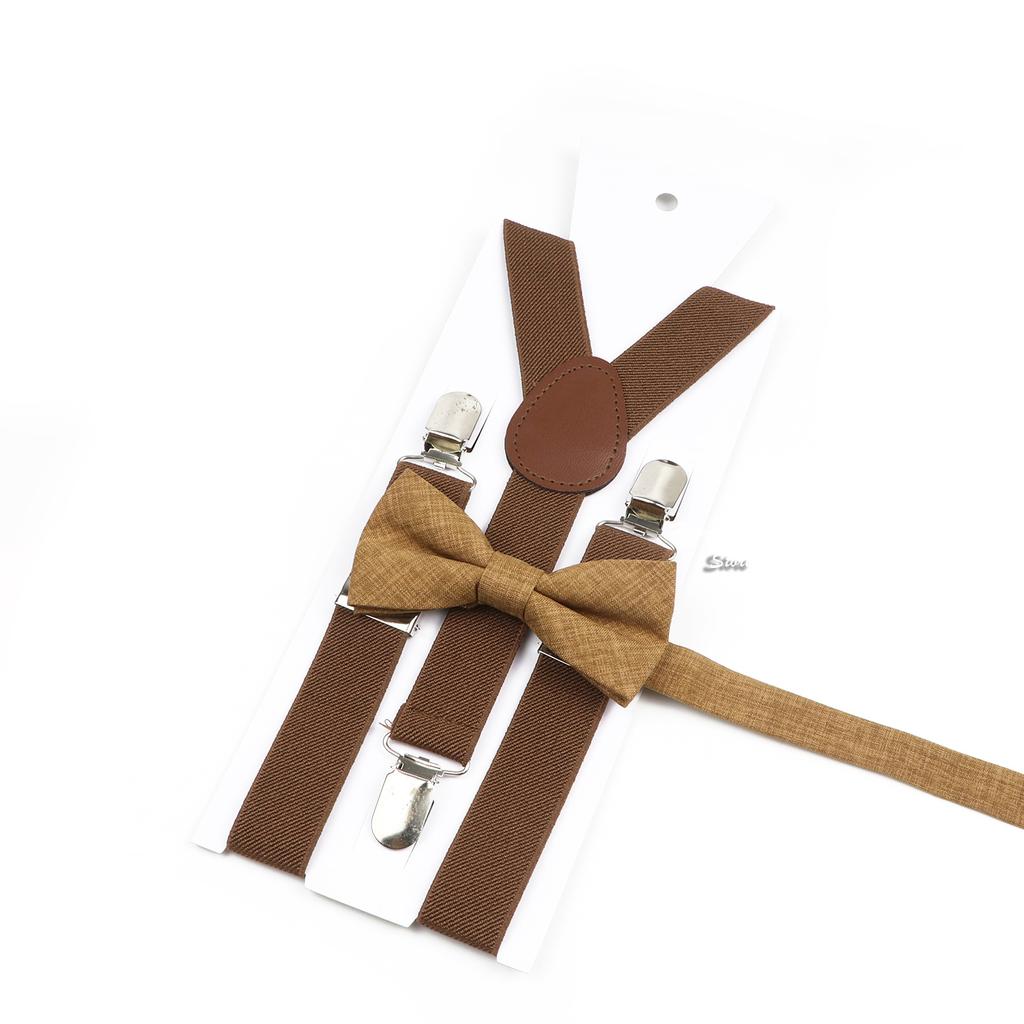 Men Kids Yellow Khaki Brown Suspender Bowtie Set Elastic Adjustable Y-Back Braces Straps Daily Father-Child Braces Accessory
