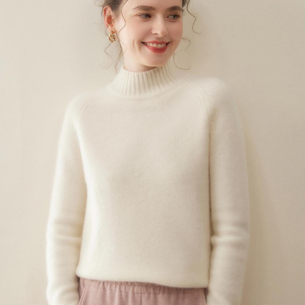 Women's Thickened Cashmere Knit Sweater: Solid Color, Loose Fit, Half-High Collar Pullover.