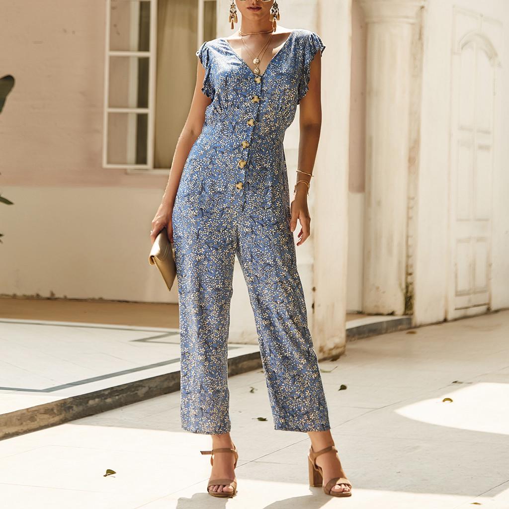 Corduroy Floral Button Wide-leg Jumpsuit
