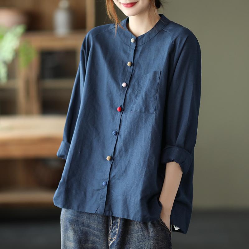 Women S Loose Cotton Linen Long Sleeve Shirt Vin M
