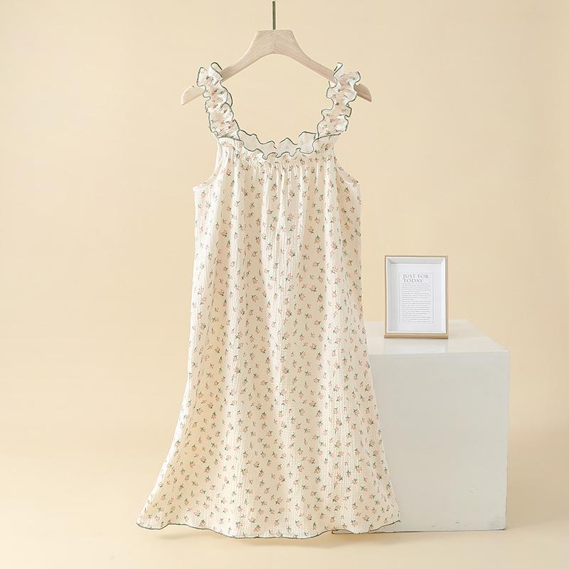 Crepe cotton seersucker women's summer suspender nightdress long dress sexy loungewear printed Korean version cute
