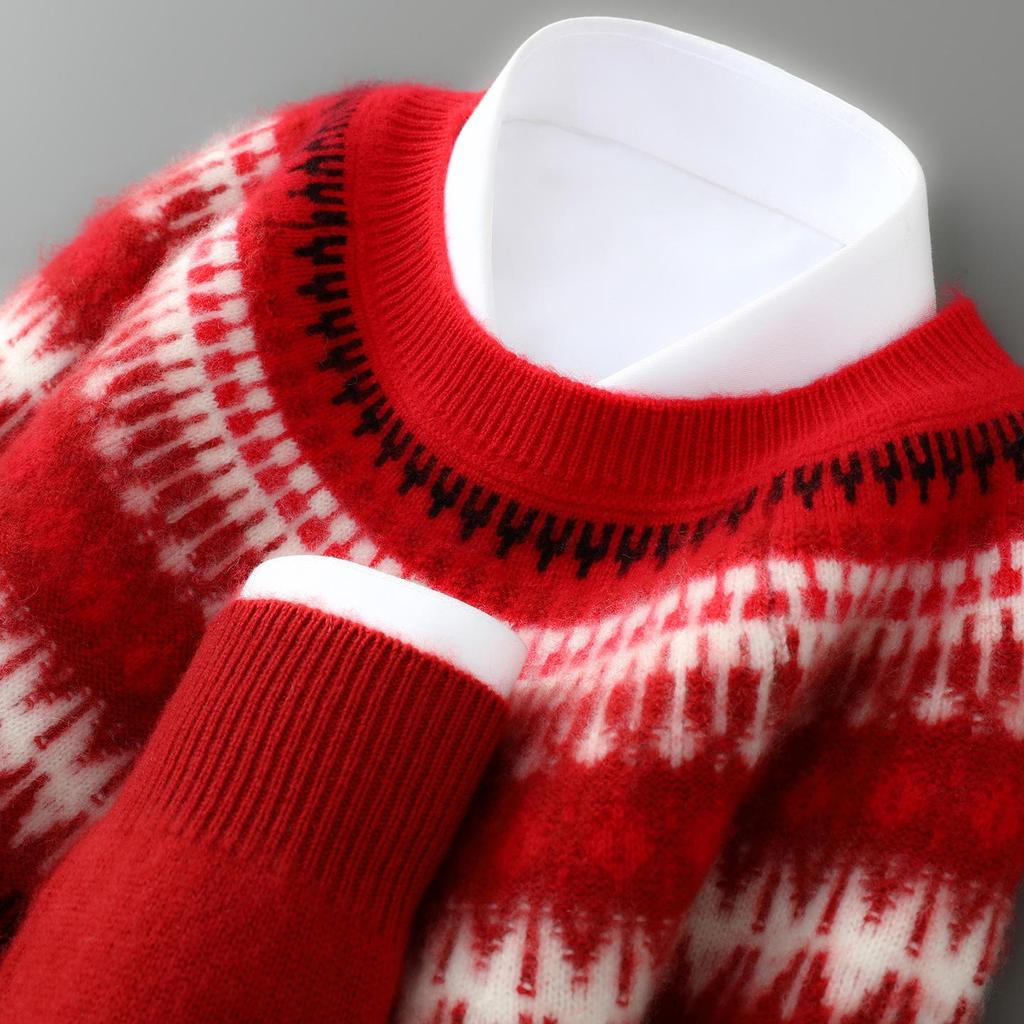 Men's Fair Isle Knit Cashmere Sweater - Round Neck, Retro Jacquard, Soft & Skin-Friendly, Thickened Design, Trendy Style