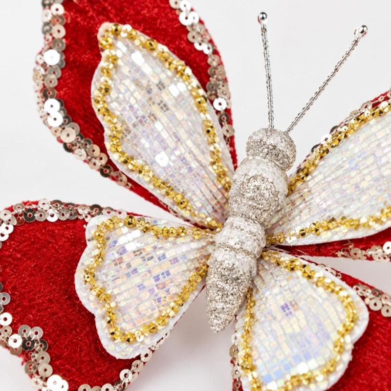 Sparkling Butterfly Decoration with Sculpted Profile and Attached Loop for Christmas Backrops Holiday Tree and Mantel Displays