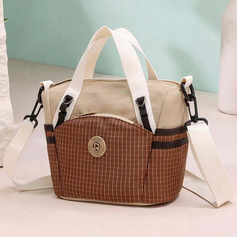 Colorblock Nylon Mini Tote Bag with Grid Pattern Front Pocket Crossbody Casual Small Shoulder Purse for Daily