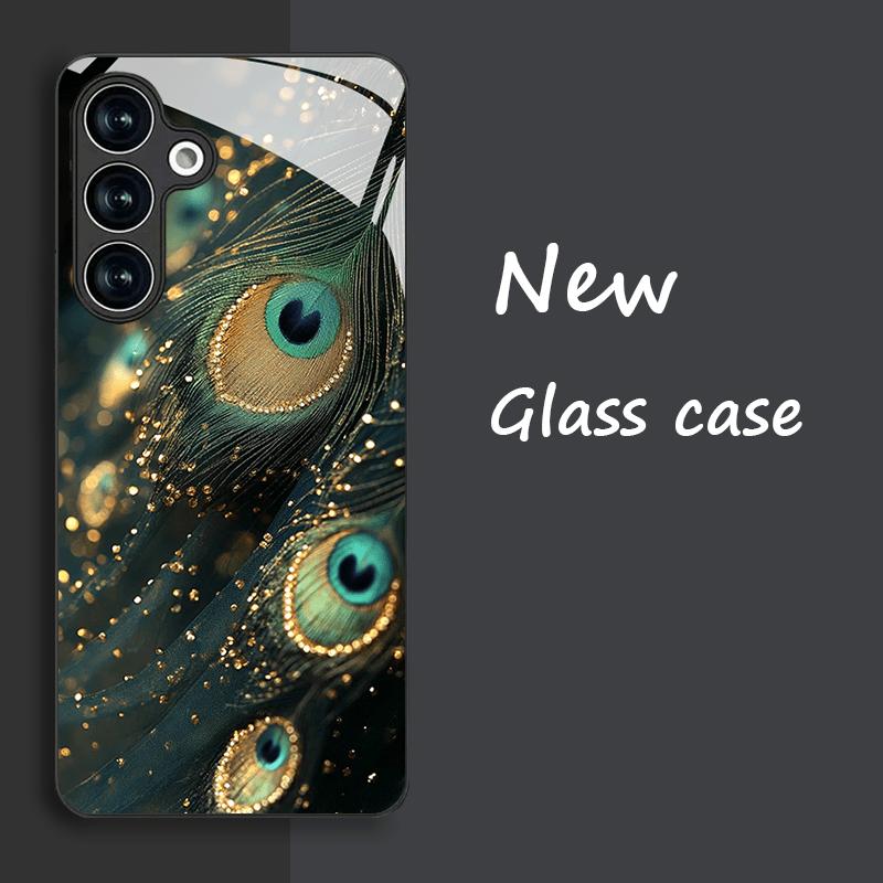 Peacock Feather Pattern Tempered Glass Phone Case Suitable for Samsung Galaxy S26 S25 S24 S22 S21 S20 FE/Ultra/Plus Dustproof