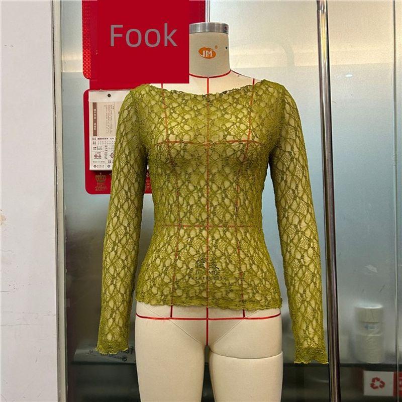 

European and American Sexy Silm Lace Shirt Sheer Long Sleeve T-shirt Tops Sexy Lace Top Blouse Women Green XL