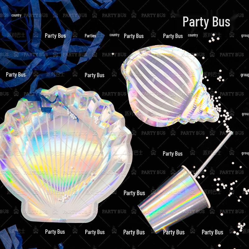 Irregular Shell Party Bus Kids' Disposable Tableware Set: Paper Plates & Cups for Celebrations