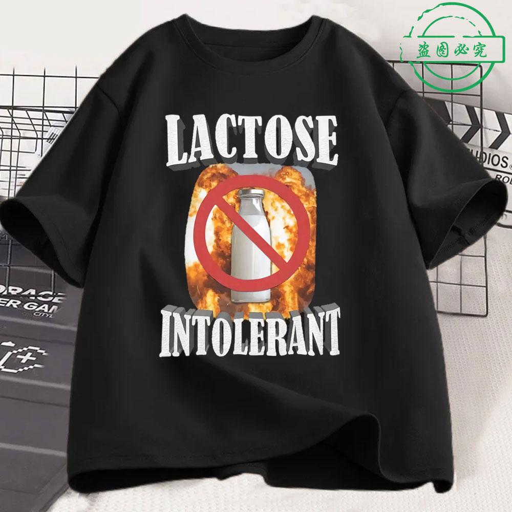 T-shirt Chat Drôle Intolérant au Lactose Unisexe Femme Mode Rétro Manches Courtes Coton Décontracté Confortable Oversize