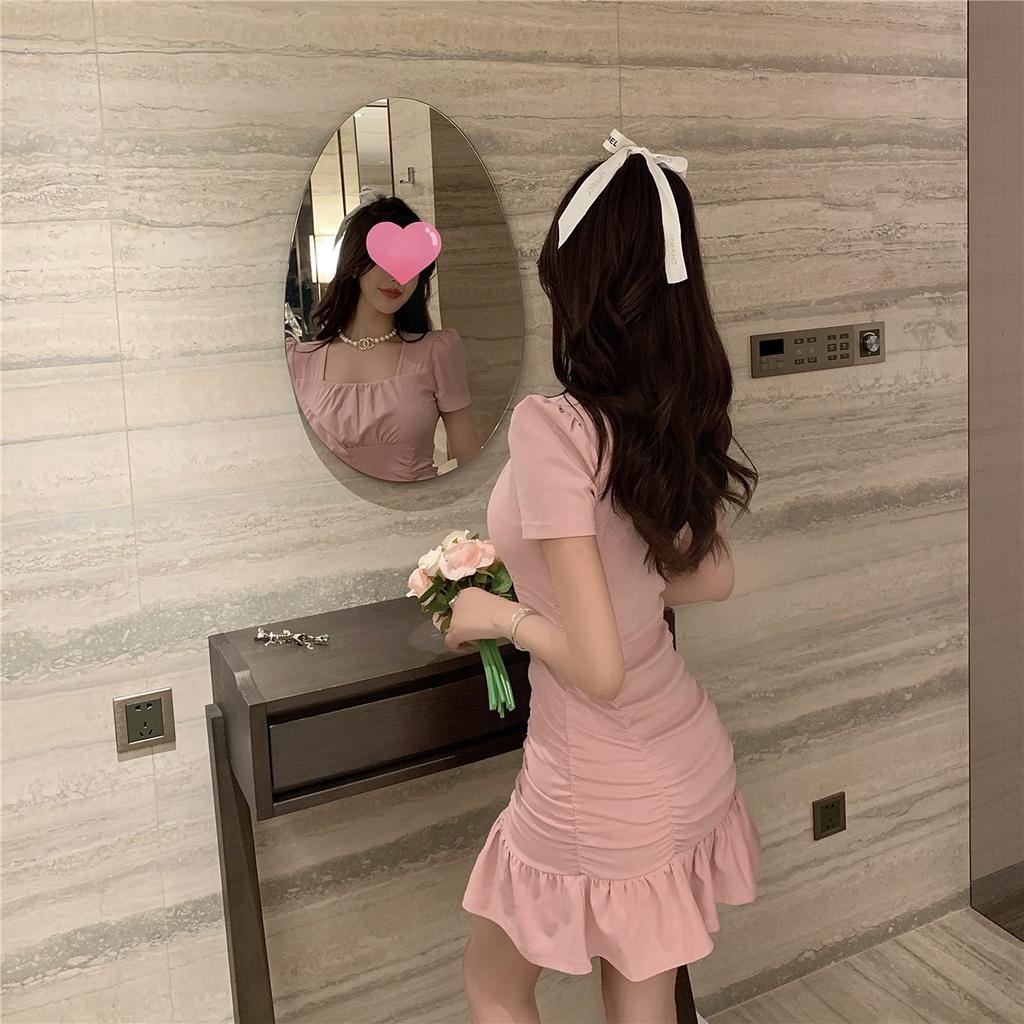 Spring and Summer Sexy Wrapped Hip Fishtail Dress Dress French Square Neck Slim Fit Slim Fold Wrapped Hip Ruffle Edge Dress