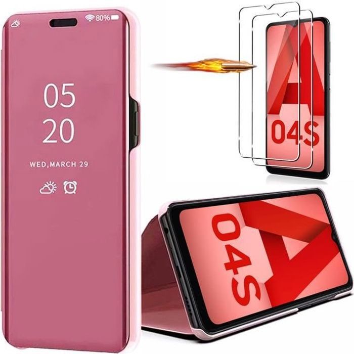 Coque de protection pour Samsung Galaxy A04s - BOOLING - Effet Miroir Clear View - Rose - 2 Verres Trempés