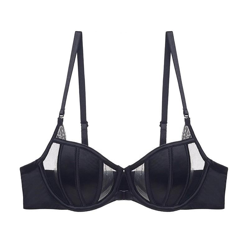 

Summer sexy big breasts show small breasts underwear women s thin summer French half cup gathering front buckle rabbit ears bra cover 70A чорний