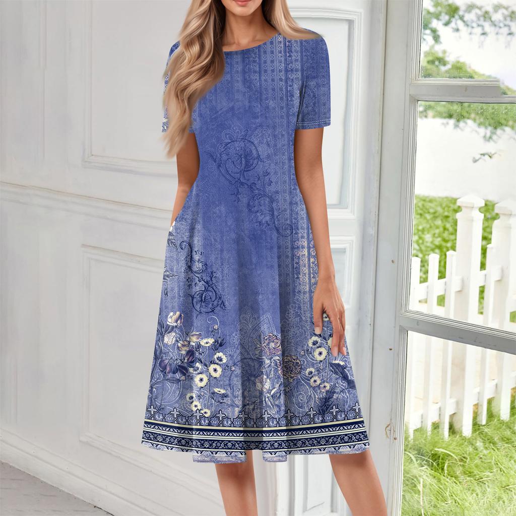 Women Casual Printed Round Neck Long Dress