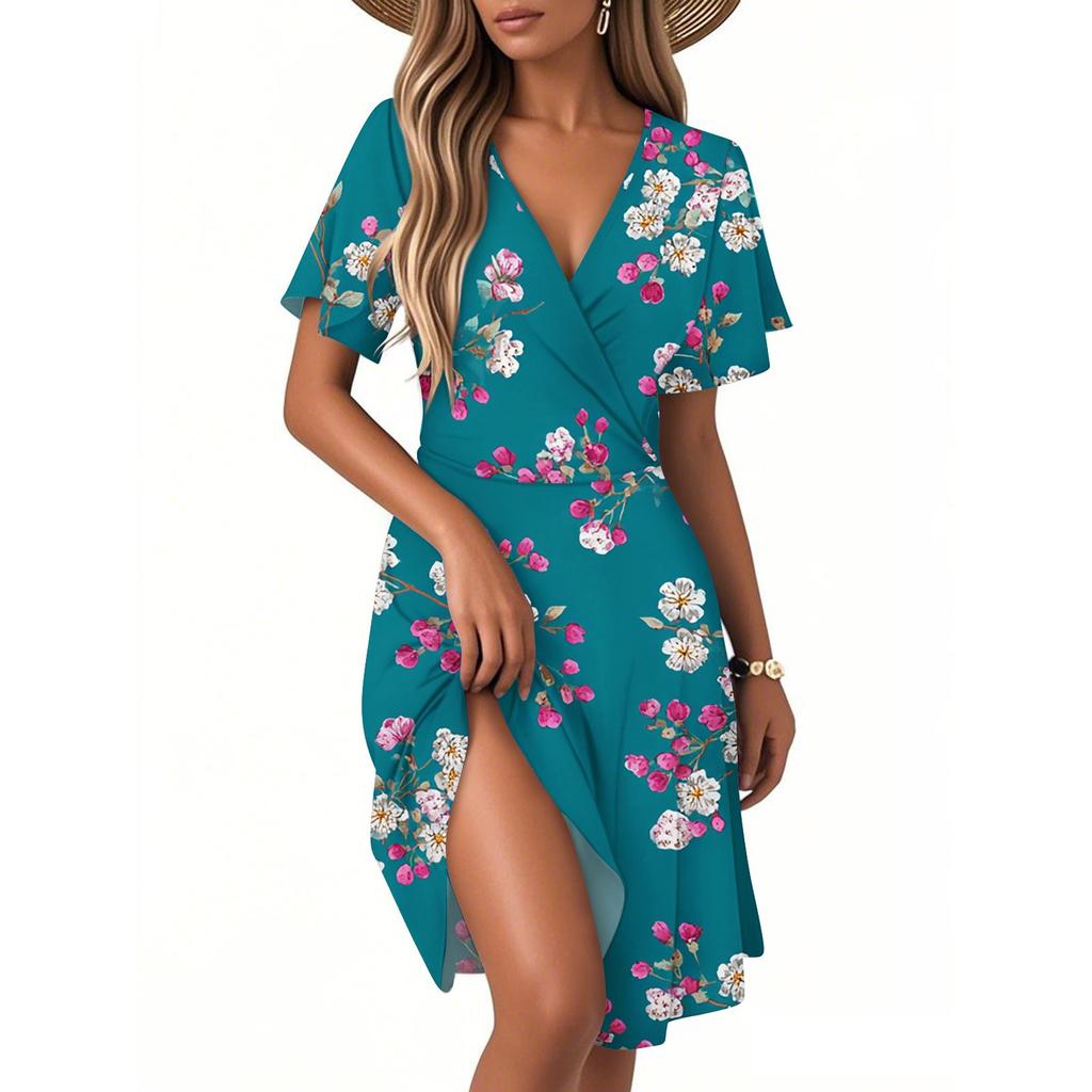 Women's Fashion Short Sleeve Wrap Sundress V-Neck Floral Print Dresses