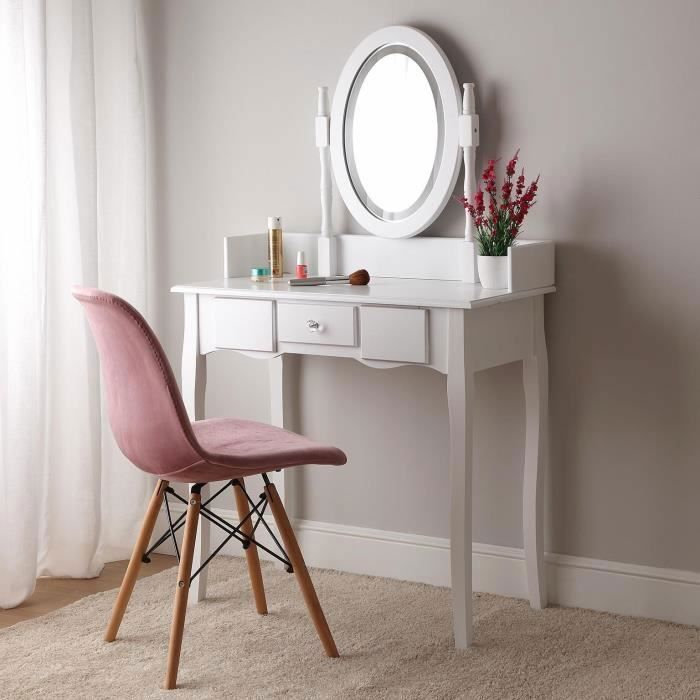 Coiffeuse Versa Diva avec miroir et tiroirs - Blanc - Bois et miroir - Style classique - 142x40x80cm