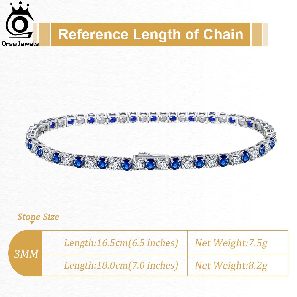 ORSA JEWELS Clear&Sapphire Zirconia Tennis Bracelet Genuine 925 Sterling Silver Hanmade Tennis Chain Jewelry for Men Women SB137