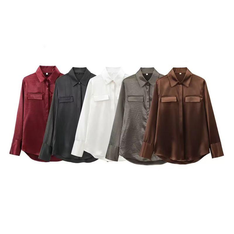 Kaslead New Arrival Women's Fashion Style Fashion Pocket Silk Satin Texture Long Sleeves Shirt 8987213