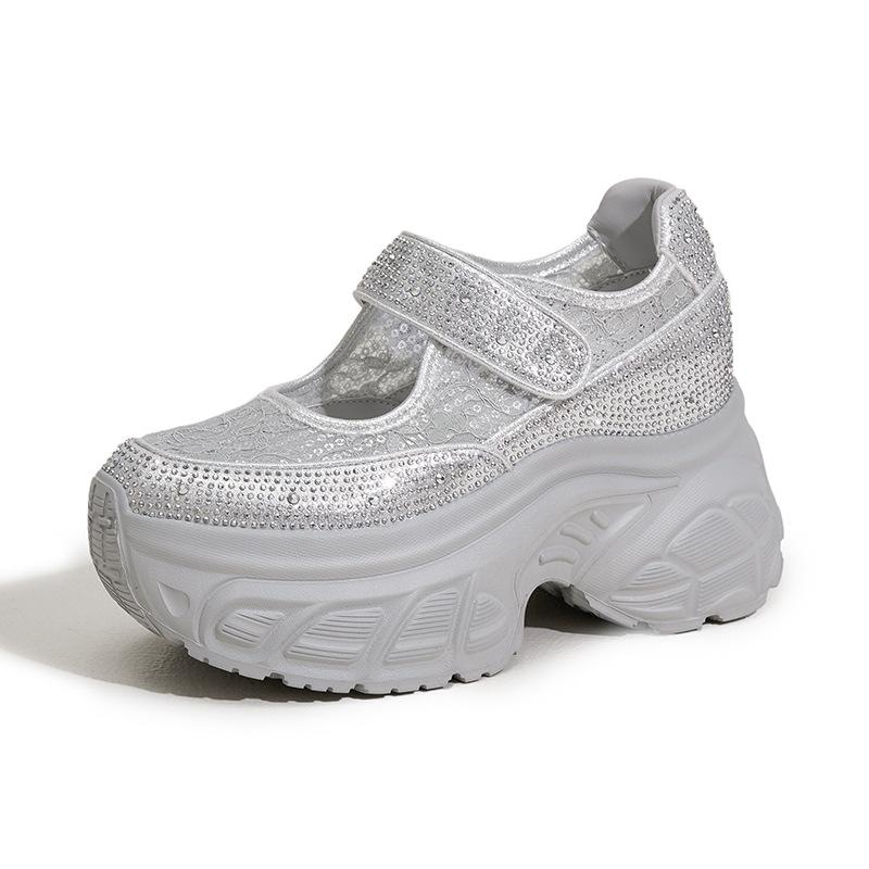 

Туфли Мэри Джейн женские 2025 лето новые на толстой подошве универсальные с внутренней платформой женские туфли сетка липучка стразы белые туфли 39 серебряный