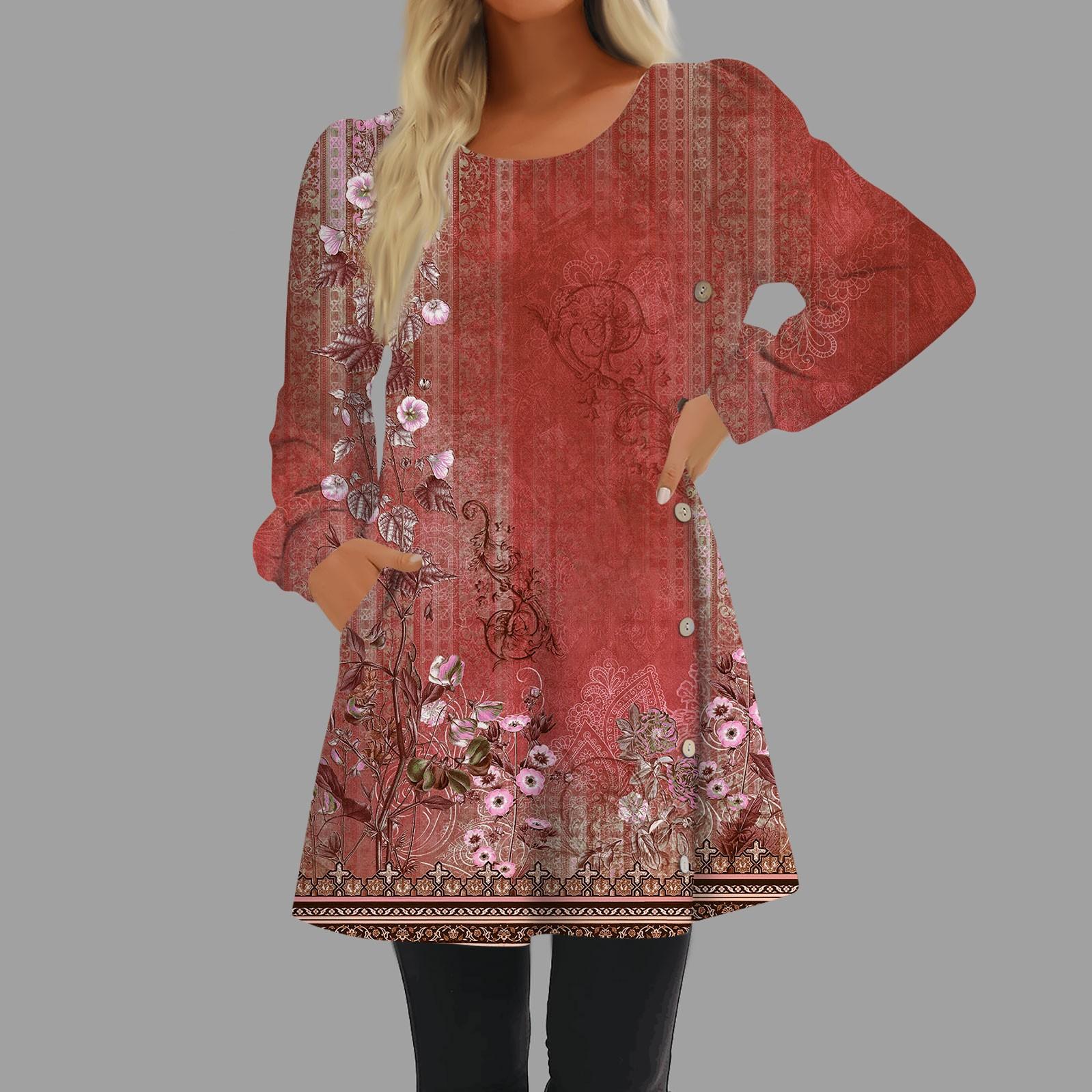 

Модное женское повседневное свободное платье с круглым вырезом и пуговицами с длинным рукавом XL винный