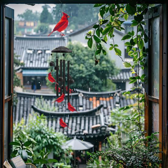 Red Bird Wind Chime with 4 Tubes Weather-resistant Vintage Indoor Outdoor Garden Yard Patio Hanging Metal Wind Bell Decoration