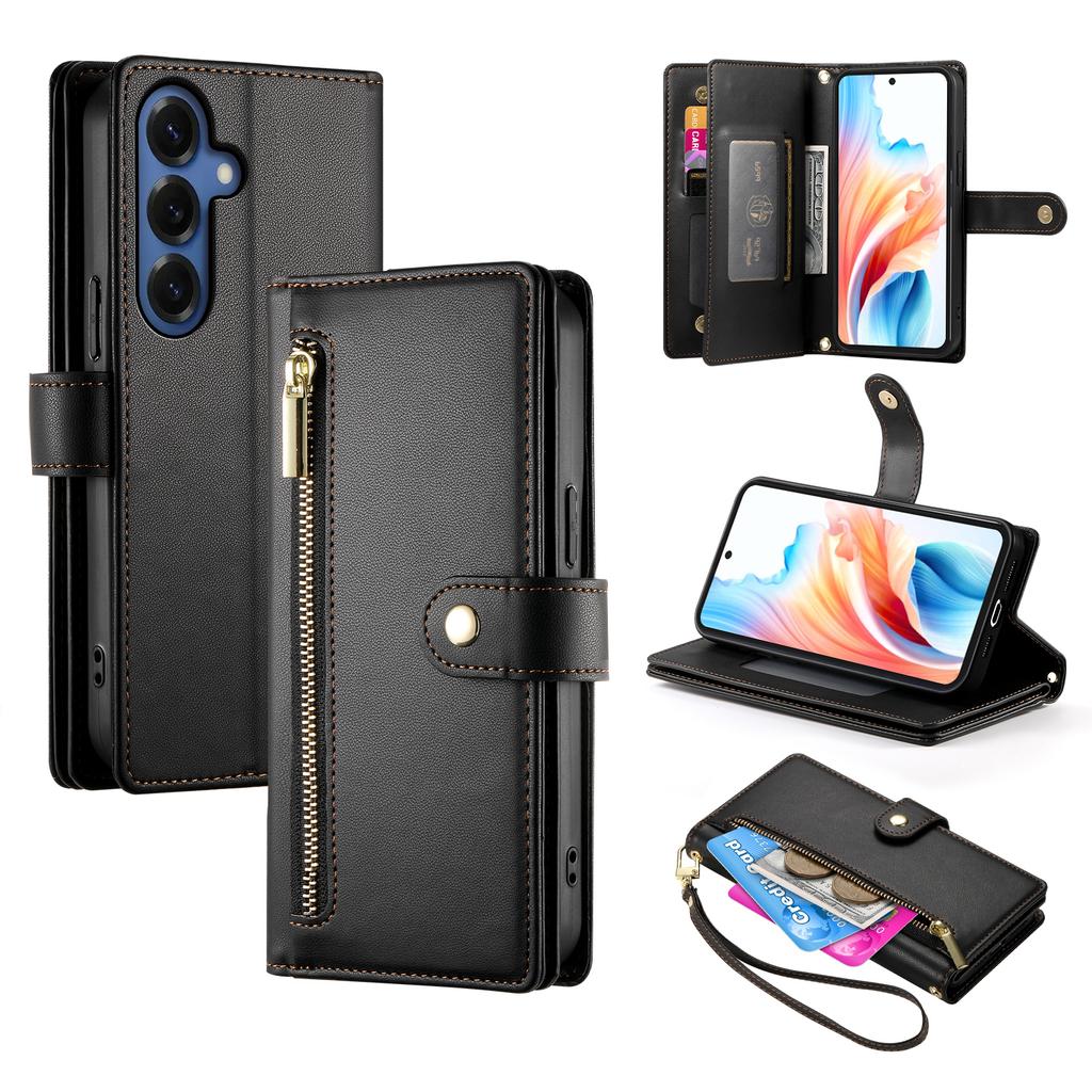 For Samsung Galaxy S26+ Case Zipper Pocket Wallet Leather Phone Cover with Straps