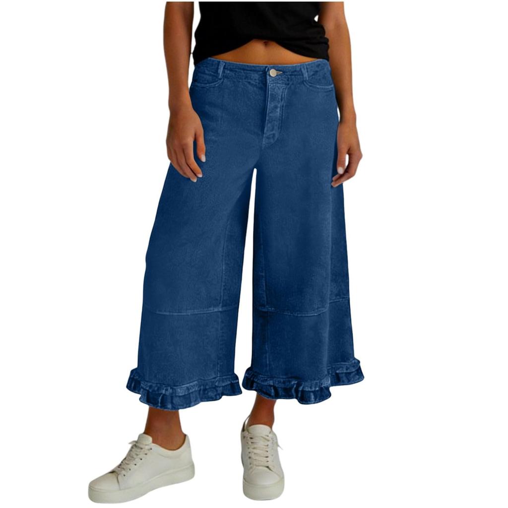 Women's Washed Denim Wide Leg Loose Nine Quarter Lace Jeans