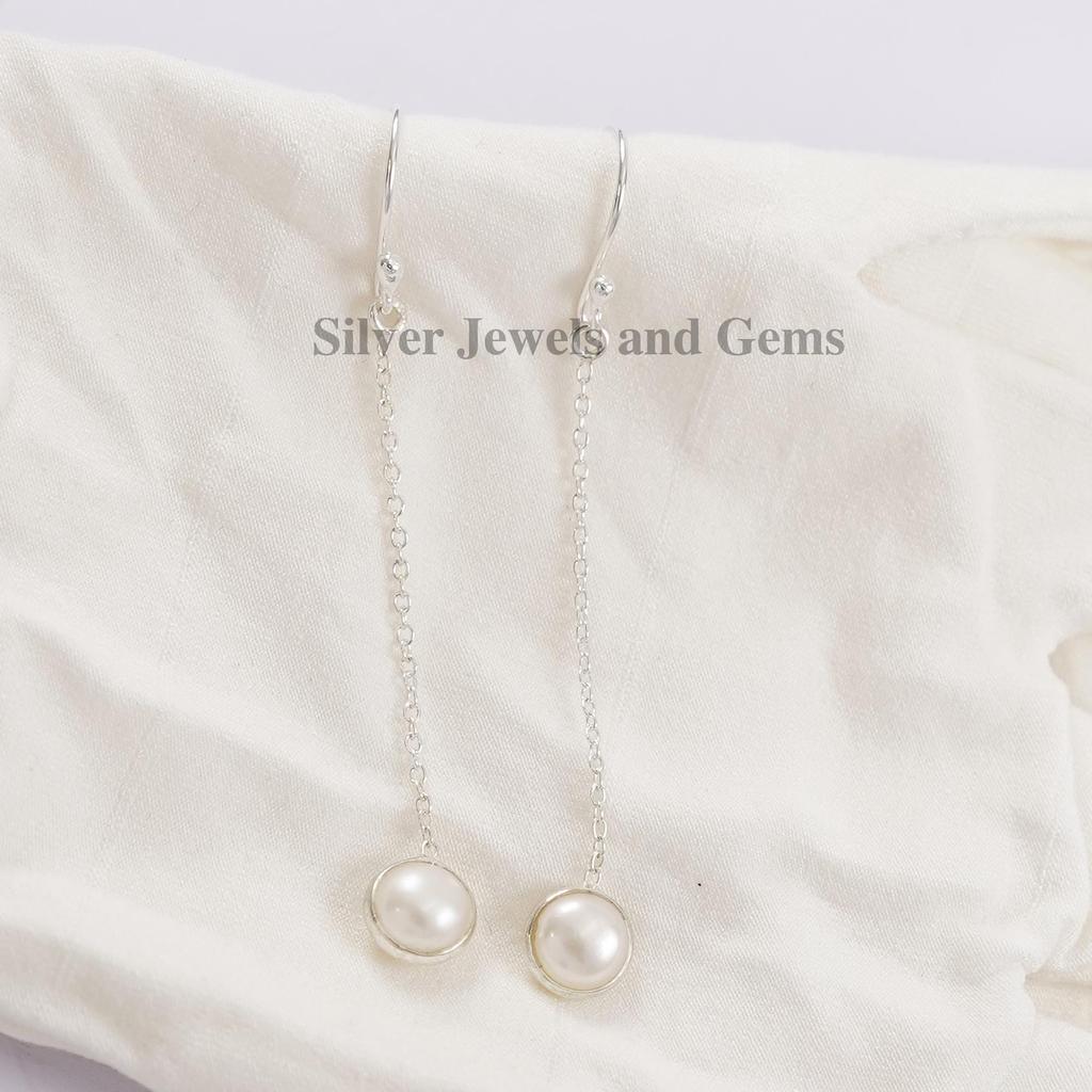 Sterling Silver Pearl Threader Earrings, Freshwater Pearl Dangle Earrings, Minimalist Bridal Jewelry, Elegant Pearl Drop Earrings