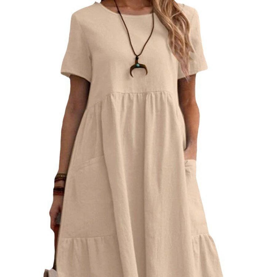 Summer Vintage Loose Pocket Solid Color Crew Neck Women's Cotton Linen Dress