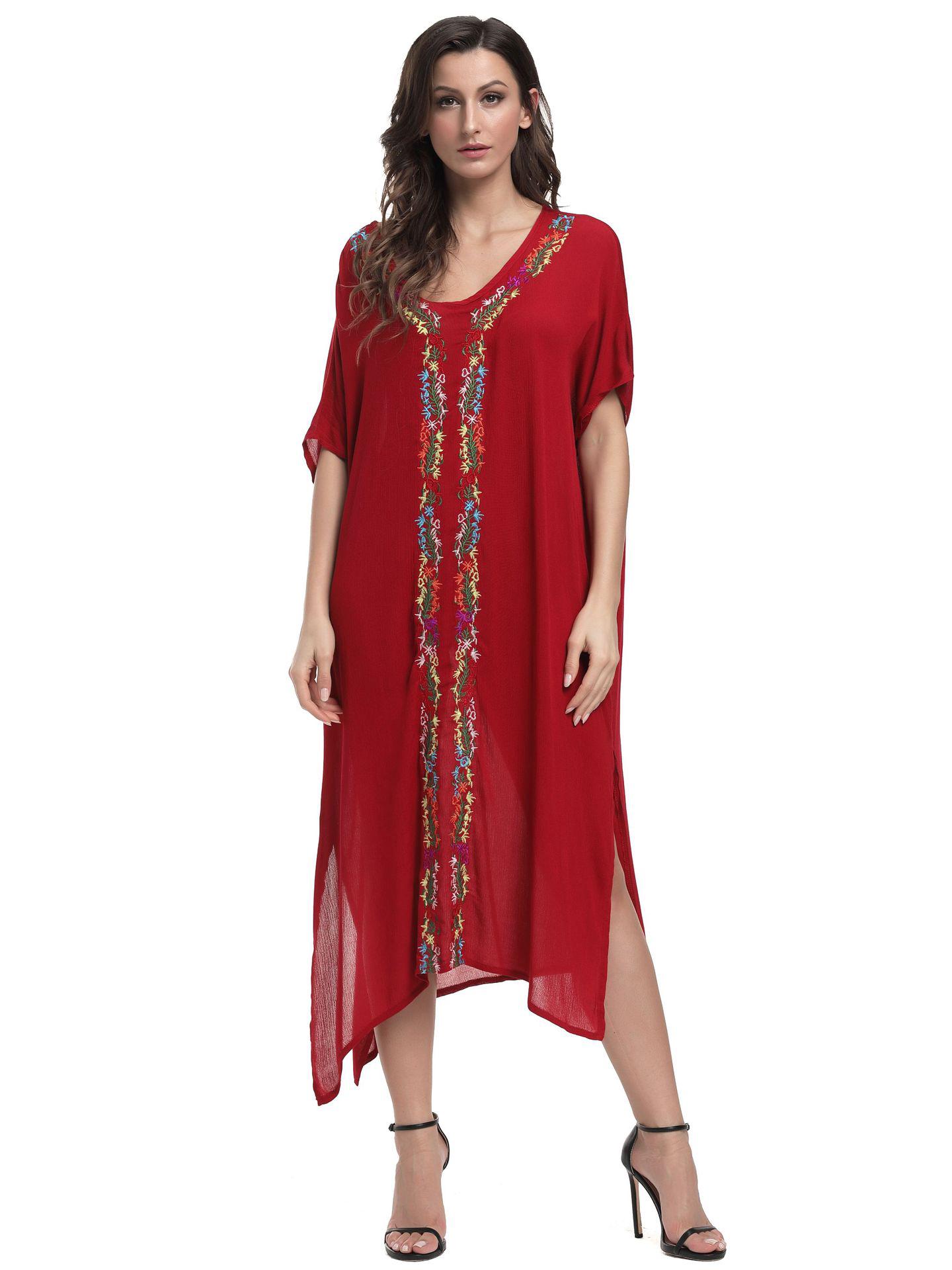 

Европейское и американское вышитое пляжное длинное платье - Накидка для отпуска и турецкий халат One Size красный