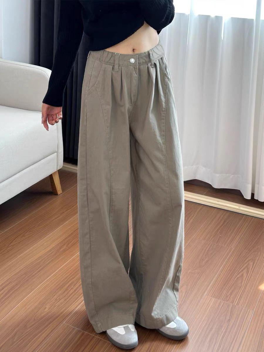 American Retro Khaki High-Waist Wide-Leg Jeans for Women Small