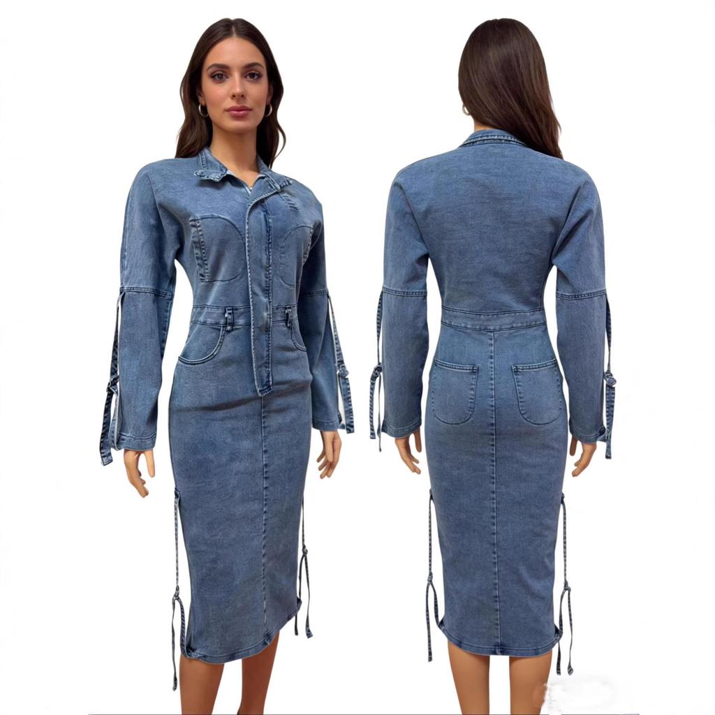 European and American Women's High Waist Unique Denim Maxi Dress