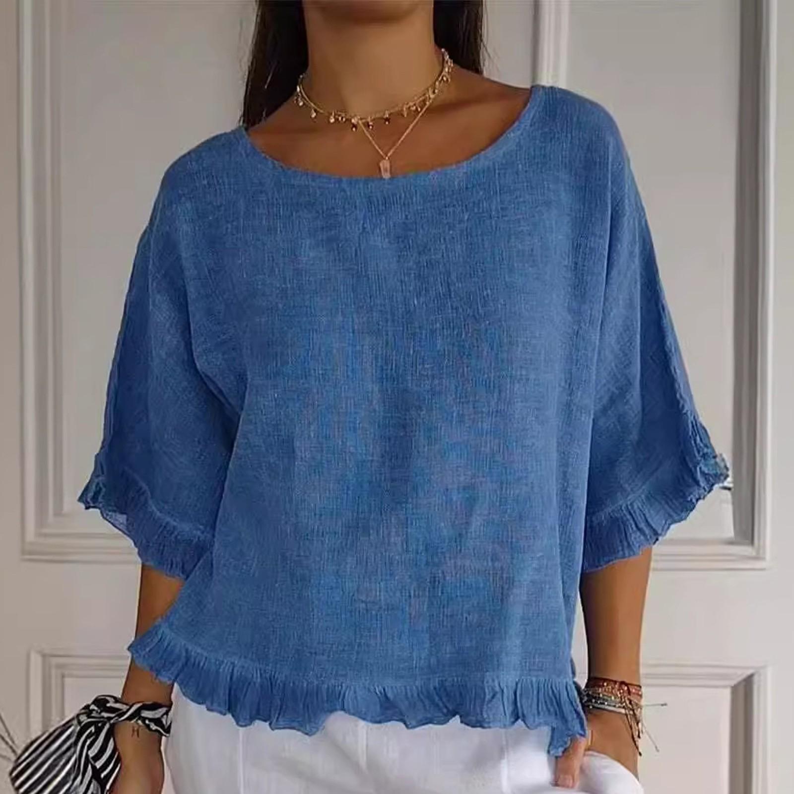 

Women s Fashionable Loose Casual Round Neck Solid Color Shirt Top Solid Color Shirt Top L синій