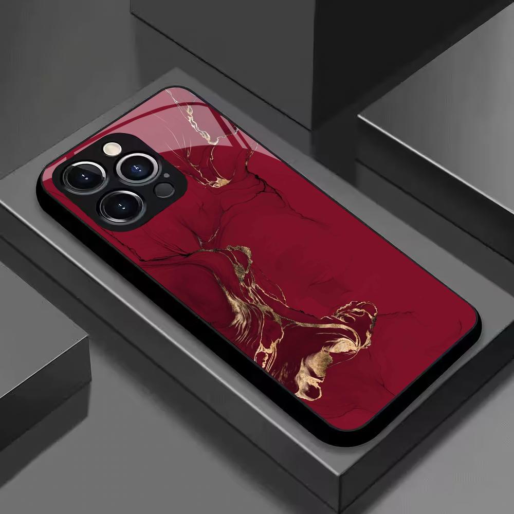 Red Textured Pattern Glass Mobile Phone Case Suitable for iPhone 17/16/15/14/13/12/11Pro Max All-inclusive Anti-fall Back Cover
