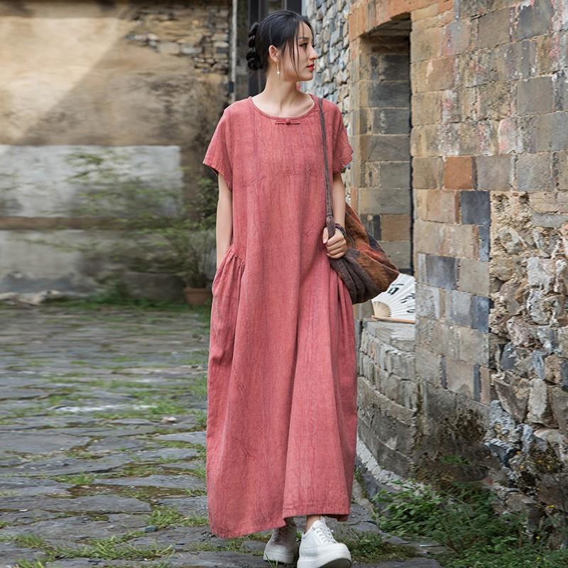 Johnature Women Vintage Dresses Chinese Style O-Neck Short Sleeve Cloths Summer Tie-dye Long Dress